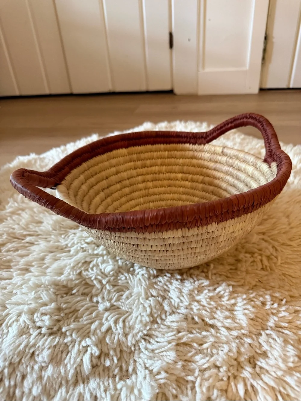 Handwoven Basket with Handles Round Brown Tan